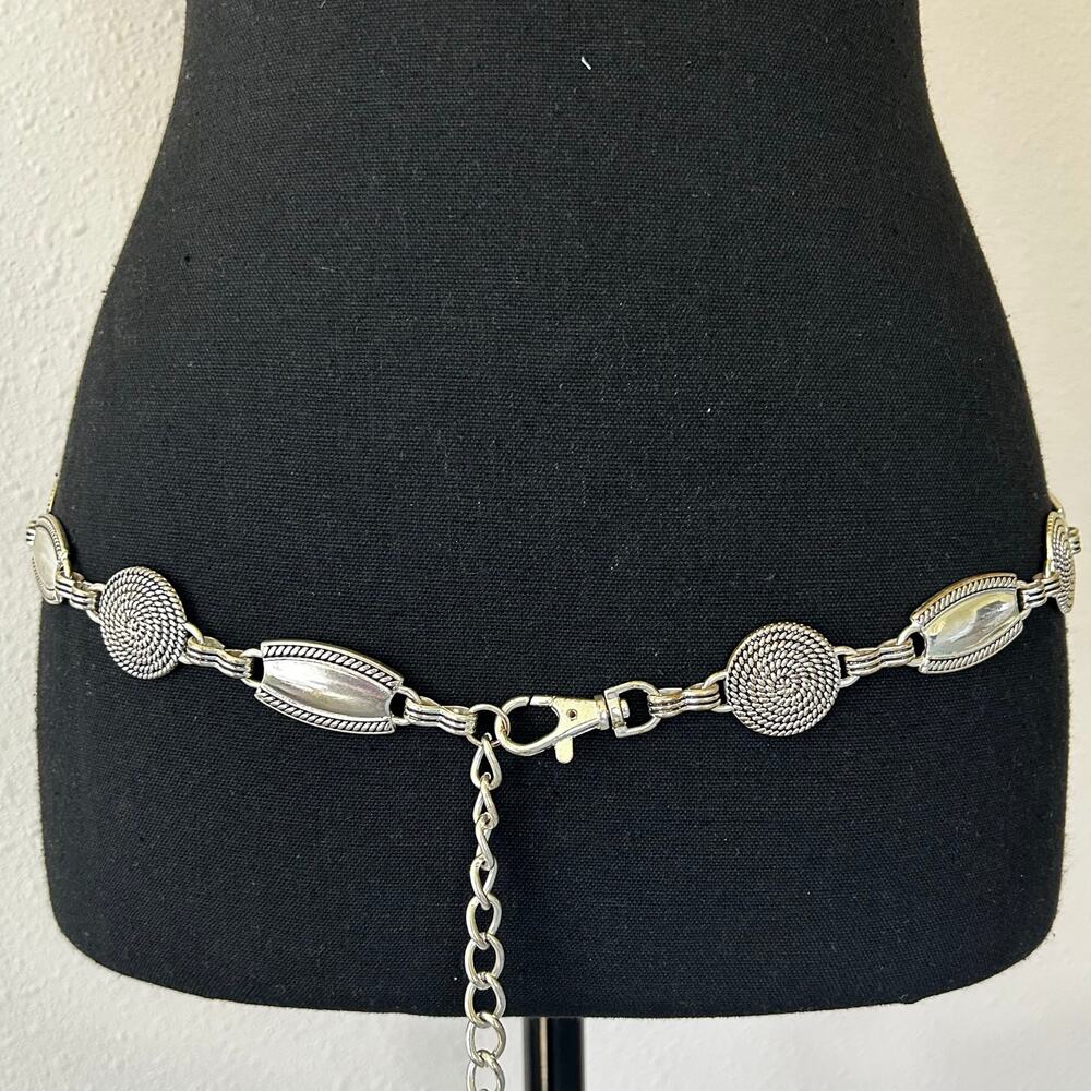 Vintage Silver Tone Concho Chain Belt Western Boho 90s Adjustable Belt 38 / 40 - Picture 2 of 11